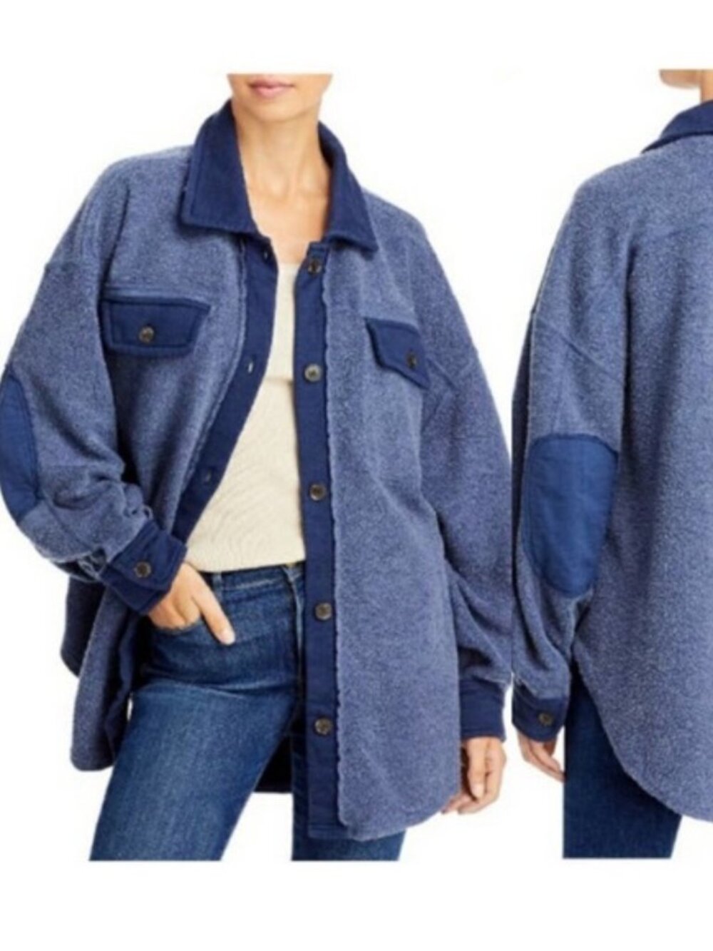 Free People Blue Fleece Ruby Button Up Elbow Patch Shacket Shirt Jacket